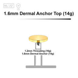 Pack of 10 Gold PVD plated Titanium G23 flat disk dermal anchor tops in size 5mm, internal thread size 1.2mm - G23 ASTM F-136 implant grade titanium body jewelry