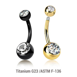 Wholesale pack of 5 Gold PVD plated Titanium G23 belly bananas, Thickness 1.6mm, with 5 mm + 8 mm bezel set crystal balls