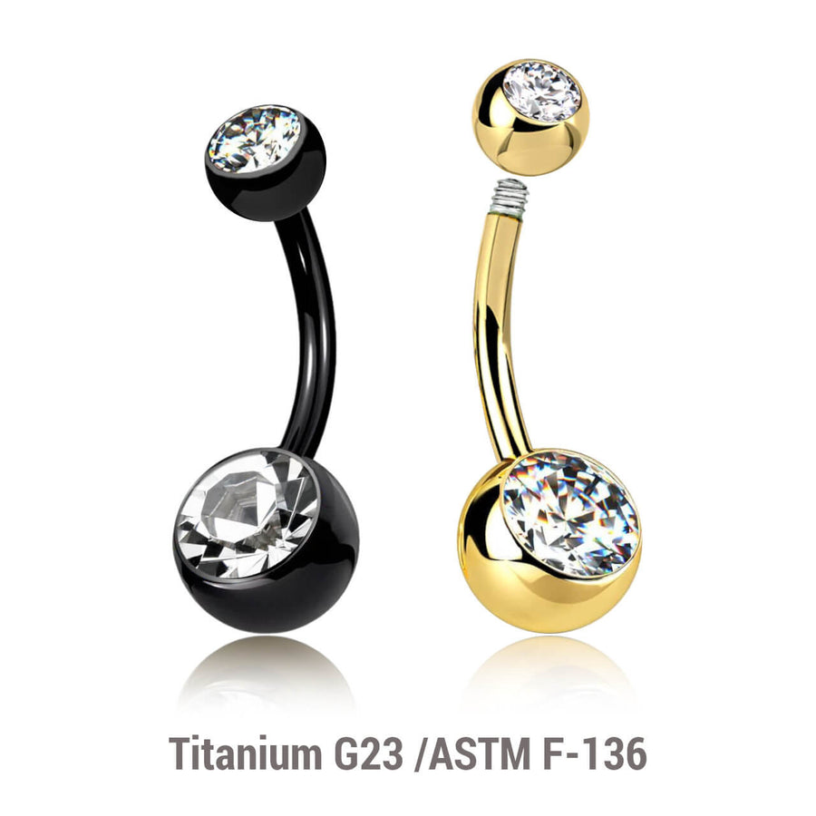 Wholesale pack of 5 Gold PVD plated Titanium G23 belly bananas, Thickness 1.6mm, with 5 mm + 8 mm bezel set crystal balls