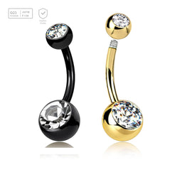 Wholesale pack of 5 Gold PVD plated Titanium G23 belly bananas, Thickness 1.6mm, with 5 mm + 8 mm bezel set crystal balls - G23 ASTM F-136 implant grade titanium body jewelry