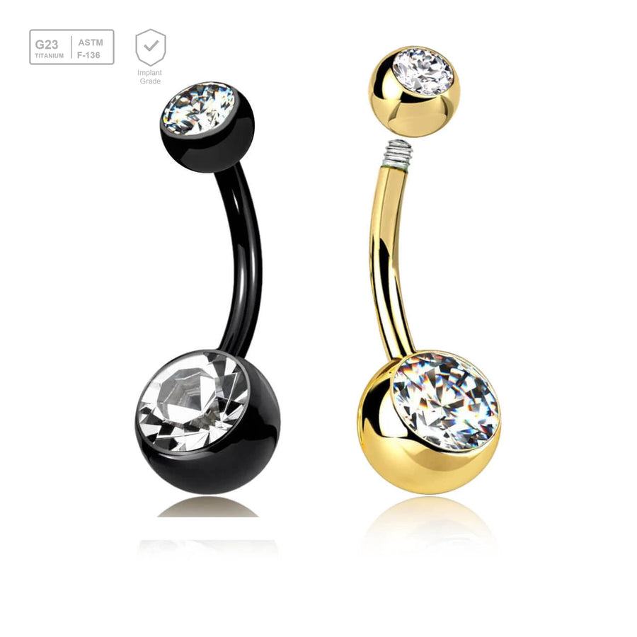 Wholesale pack of 5 Gold PVD plated Titanium G23 belly bananas, Thickness 1.6mm, with 5 mm + 8 mm bezel set crystal balls - G23 ASTM F-136 implant grade titanium body jewelry