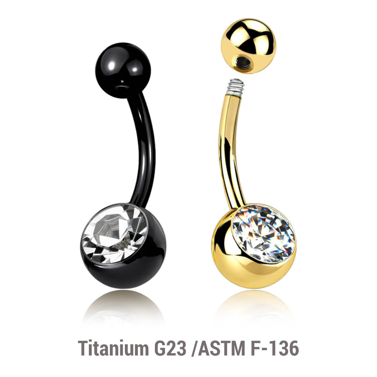 Wholesale pack of 5 Gold PVD plated Titanium G23 belly bananas, Thickness 1.6mm, with plain titanium 5mm top ball and lower 8 mm bezel set crystal ball