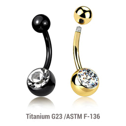 Wholesale pack of 5 Gold PVD plated Titanium G23 belly bananas, Thickness 1.6mm, with plain titanium 5mm top ball and lower 8 mm bezel set crystal ball