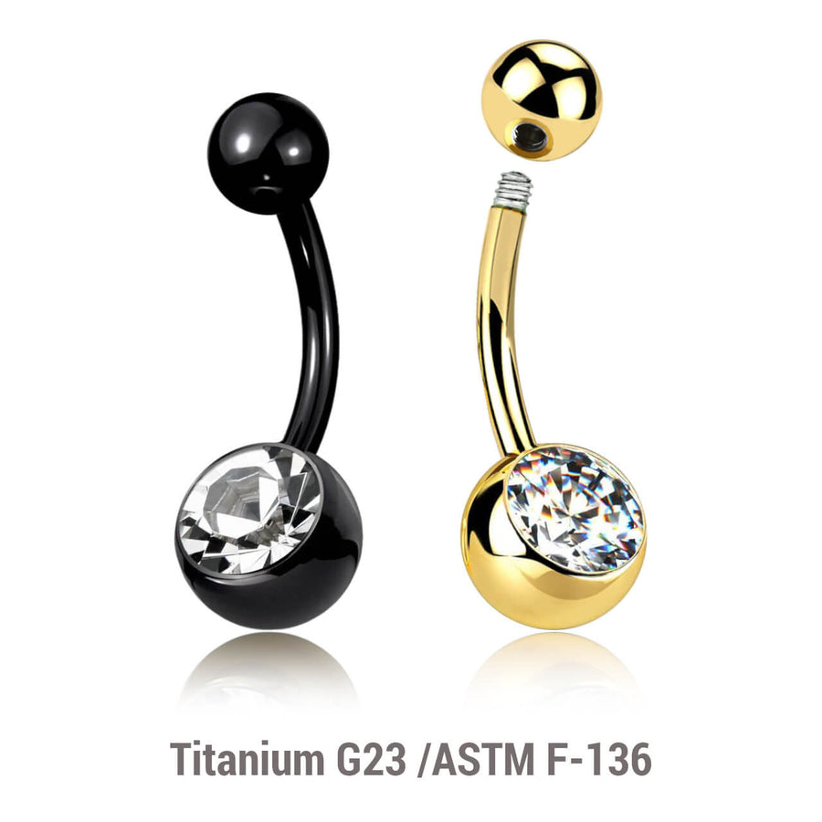 Wholesale pack of 5 Gold PVD plated Titanium G23 belly bananas, Thickness 1.6mm, with plain titanium 5mm top ball and lower 8 mm bezel set crystal ball