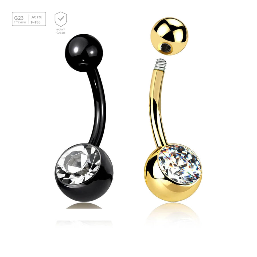 Wholesale pack of 5 Gold PVD plated Titanium G23 belly bananas, Thickness 1.6mm, with plain titanium 5mm top ball and lower 8 mm bezel set crystal ball - G23 ASTM F-136 implant grade titanium body jewelry