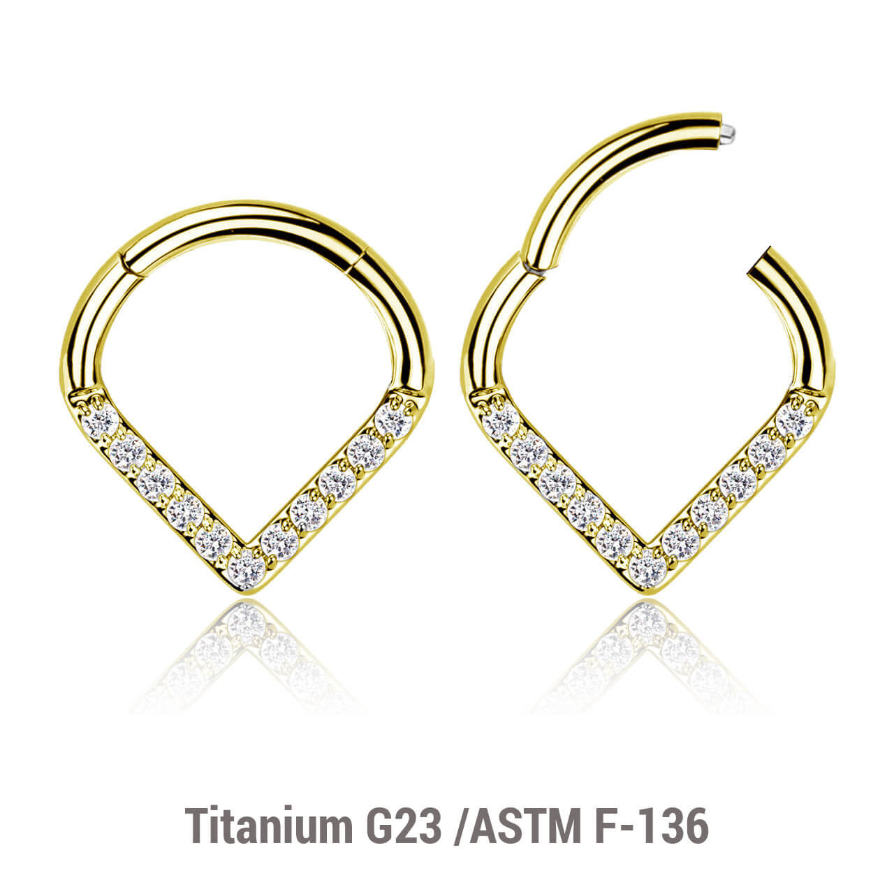 Pack of 3 Gold PVD plated Titanium hinged segment rings in chevron shape with CZ studded front, Thickness 1.2mm