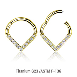 Pack of 3 Gold PVD plated Titanium hinged segment rings in chevron shape with CZ studded front, Thickness 1.2mm