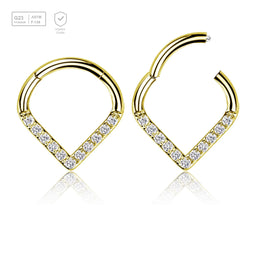 Pack of 3 Gold PVD plated Titanium hinged segment rings in chevron shape with CZ studded front, Thickness 1.2mm - G23 ASTM F-136 implant grade titanium body jewelry