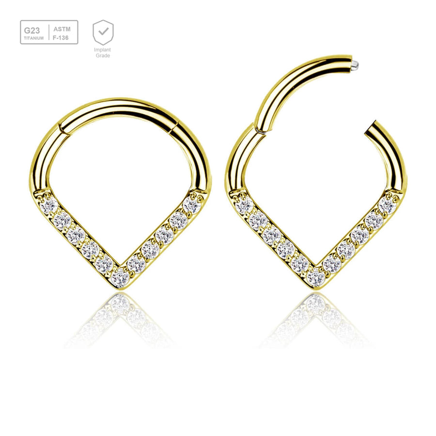 Pack of 3 Gold PVD plated Titanium hinged segment rings in chevron shape with CZ studded front, Thickness 1.2mm - G23 ASTM F-136 implant grade titanium body jewelry