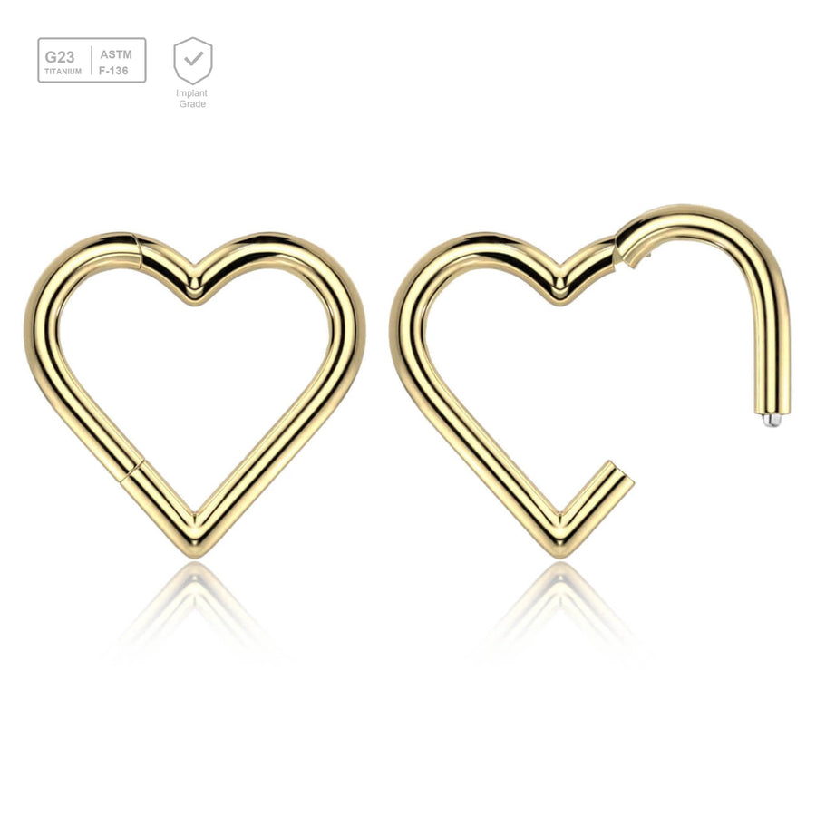 Pack of 5 Gold PVD Titanium hinged segment rings in heart shape, Thickness 1.2mm - G23 ASTM F-136 implant grade titanium body jewelry