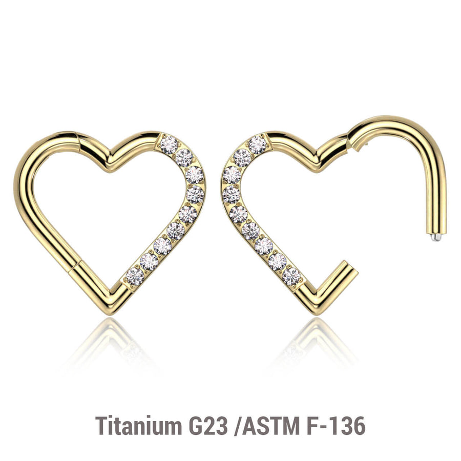 Pack of 3 Gold PVD Titanium hinged segment rings in heart shape with CZ studded front, Thickness 1.2mm
