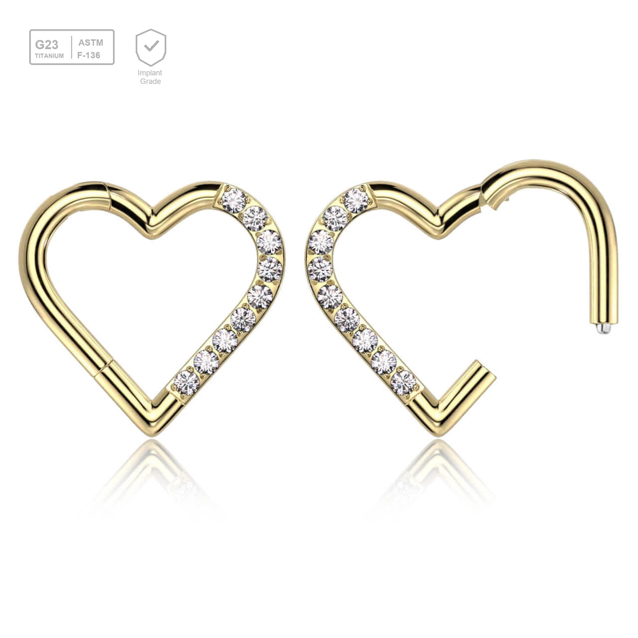Pack of 3 Gold PVD Titanium hinged segment rings in heart shape with CZ studded front, Thickness 1.2mm - G23 ASTM F-136 implant grade titanium body jewelry