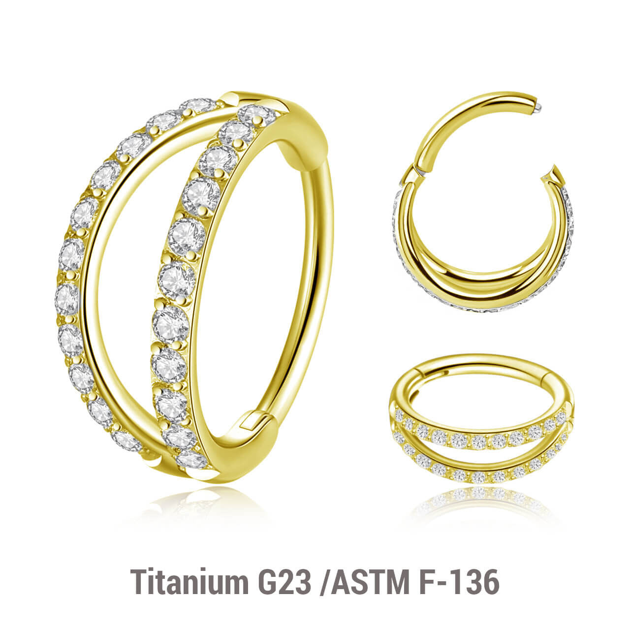 Pack of 3 Gold PVD plated Titanium hinged segment rings with a double hoop design with outward facing CZ stones, Thickness 1.2mm