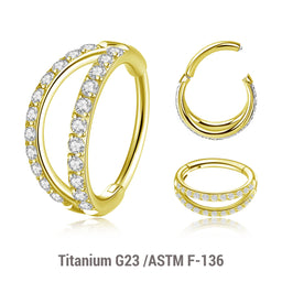 Pack of 3 Gold PVD plated Titanium hinged segment rings with a double hoop design with outward facing CZ stones, Thickness 1.2mm