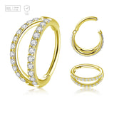 Pack of 3 Gold PVD plated Titanium hinged segment rings with a double hoop design with outward facing CZ stones, Thickness 1.2mm - G23 ASTM F-136 implant grade titanium body jewelry