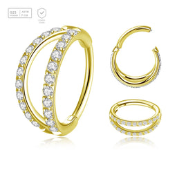 Pack of 3 Gold PVD plated Titanium hinged segment rings with a double hoop design with outward facing CZ stones, Thickness 1.2mm - G23 ASTM F-136 implant grade titanium body jewelry