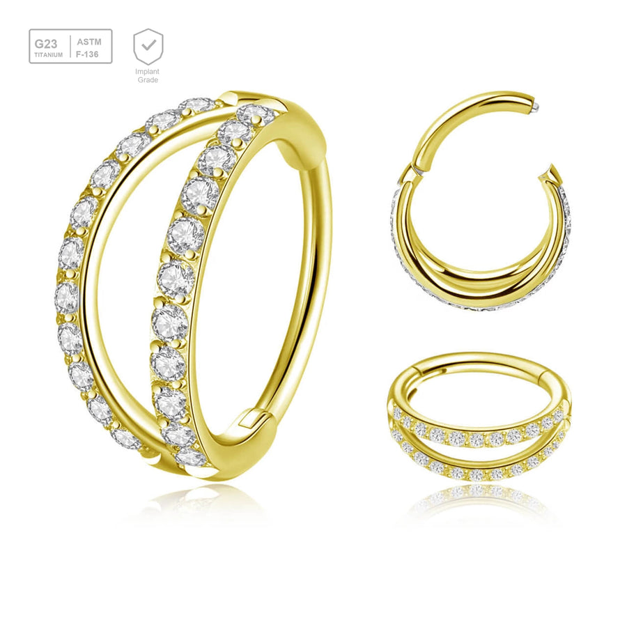 Pack of 3 Gold PVD plated Titanium hinged segment rings with a double hoop design with outward facing CZ stones, Thickness 1.2mm - G23 ASTM F-136 implant grade titanium body jewelry