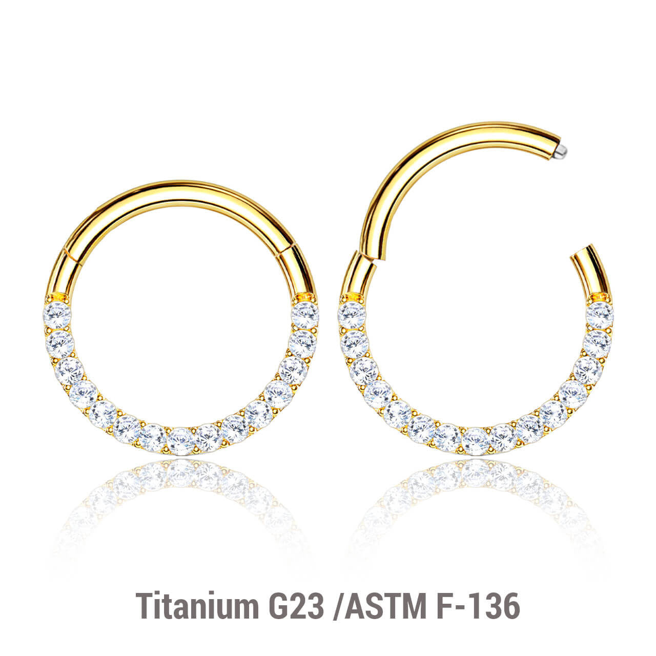 Wholesale Pack of 5 Gold PVD plated Titanium G23 hinged septum segment rings with forward facing prong set CZ, Thickness 1.2mm