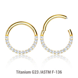 Wholesale Pack of 5 Gold PVD plated Titanium G23 hinged septum segment rings with forward facing prong set CZ, Thickness 1.2mm
