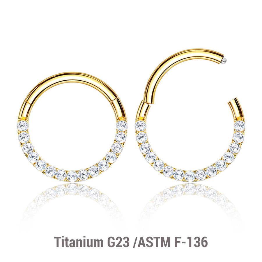 Wholesale Pack of 5 Gold PVD plated Titanium G23 hinged septum segment rings with forward facing prong set CZ, Thickness 1.2mm