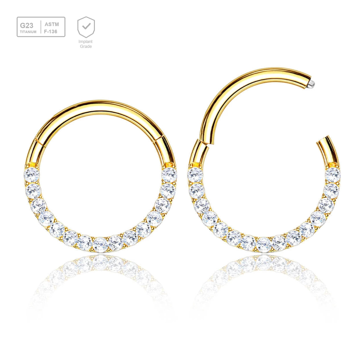 Wholesale Pack of 5 Gold PVD plated Titanium G23 hinged septum segment rings with forward facing prong set CZ, Thickness 1.2mm - G23 ASTM F-136 implant grade titanium body jewelry