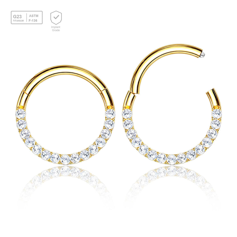 Wholesale Pack of 5 Gold PVD plated Titanium G23 hinged septum segment rings with forward facing prong set CZ, Thickness 1.2mm - G23 ASTM F-136 implant grade titanium body jewelry