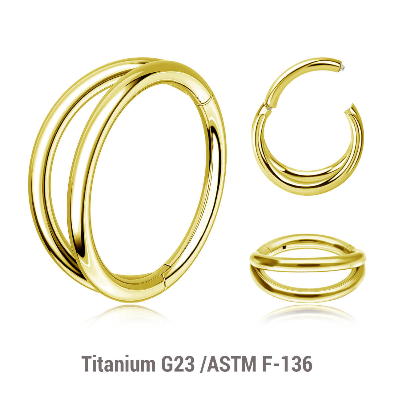 Pack of 5 Gold PVD plated Titanium hinged segment rings with a double hoop design, Thickness 1.2mm