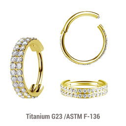 Pack of 3 Gold PVD plated Titanium hinged segment rings with a double line of outward facing prong set CZ stones, Thickness 1.2mm