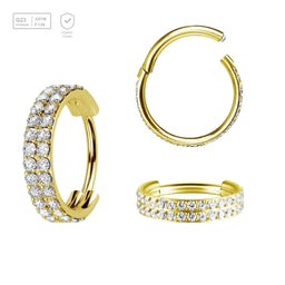 Pack of 3 Gold PVD plated Titanium hinged segment rings with a double line of outward facing prong set CZ stones, Thickness 1.2mm - G23 ASTM F-136 implant grade titanium body jewelry