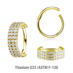 Pack of 3 Gold PVD plated Titanium hinged segment rings with a triple line of outward facing prong set CZ stones, Thickness 1.2mm