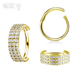 Pack of 3 Gold PVD plated Titanium hinged segment rings with a triple line of outward facing prong set CZ stones, Thickness 1.2mm - G23 ASTM F-136 implant grade titanium body jewelry