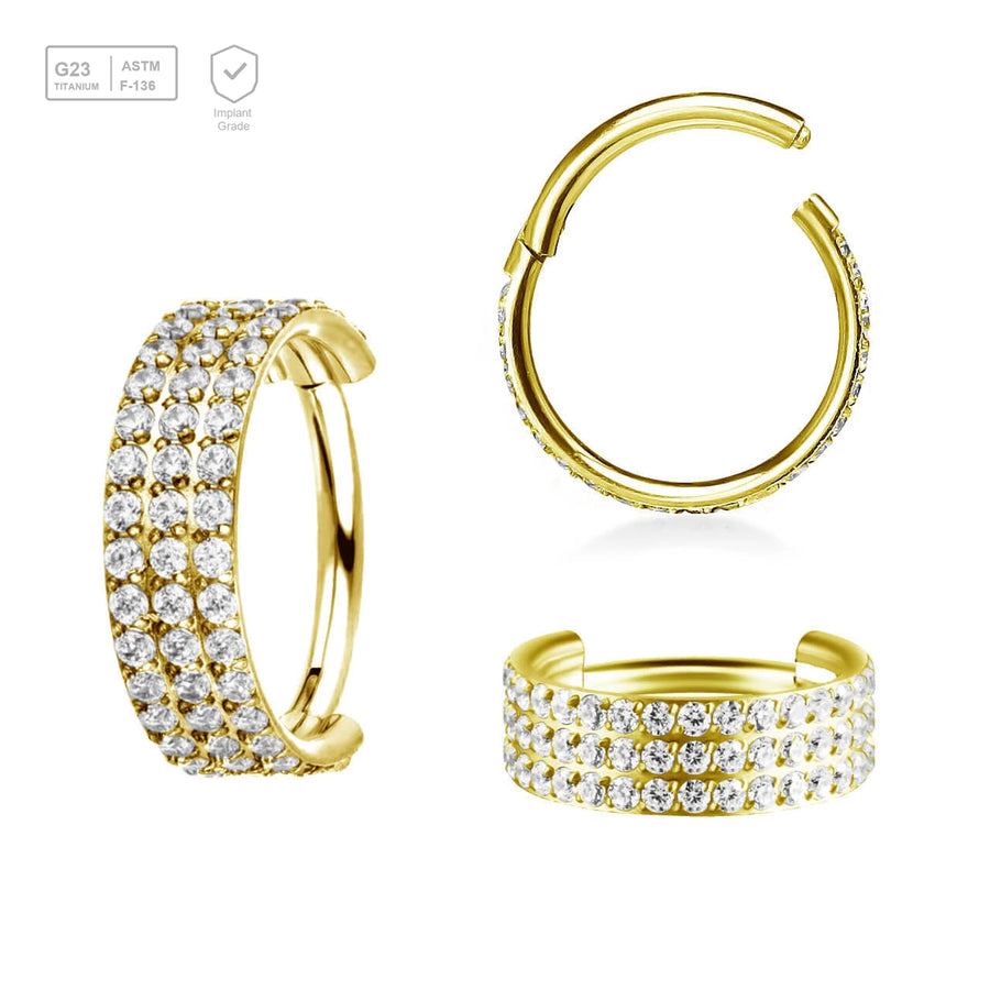 Pack of 3 Gold PVD plated Titanium hinged segment rings with a triple line of outward facing prong set CZ stones, Thickness 1.2mm - G23 ASTM F-136 implant grade titanium body jewelry