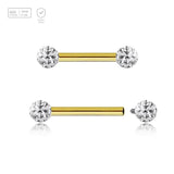 Pack of 5 Gold PVD plated titanium internally threaded tragus barbells, Thickness 1.2mm, with two 3mm multi-crystal balls with epoxy resin cover