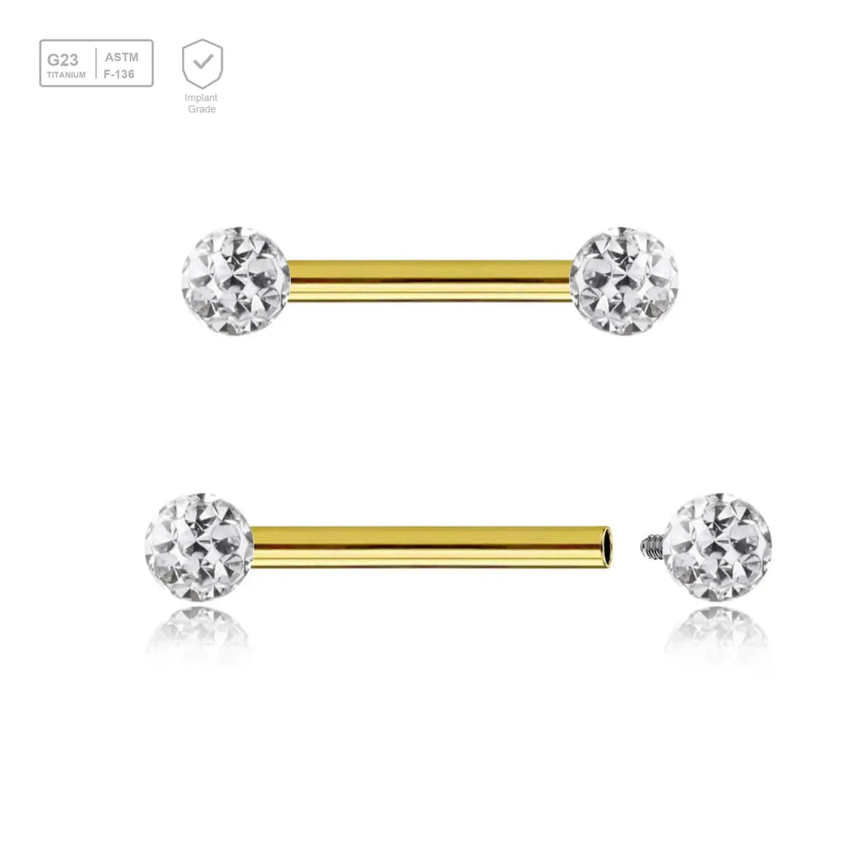Pack of 5 Gold PVD plated titanium internally threaded tragus barbells, Thickness 1.2mm, with two 3mm multi-crystal balls with epoxy resin cover