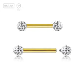 Pack of 5 Gold PVD plated titanium internally threaded tragus barbells, Thickness 1.2mm, with two 3mm multi-crystal balls with epoxy resin cover - G23 ASTM F-136 implant grade titanium body jewelry