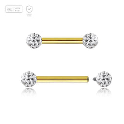 Pack of 5 Gold PVD plated titanium internally threaded tragus barbells, Thickness 1.2mm, with two 3mm multi-crystal balls with epoxy resin cover - G23 ASTM F-136 implant grade titanium body jewelry