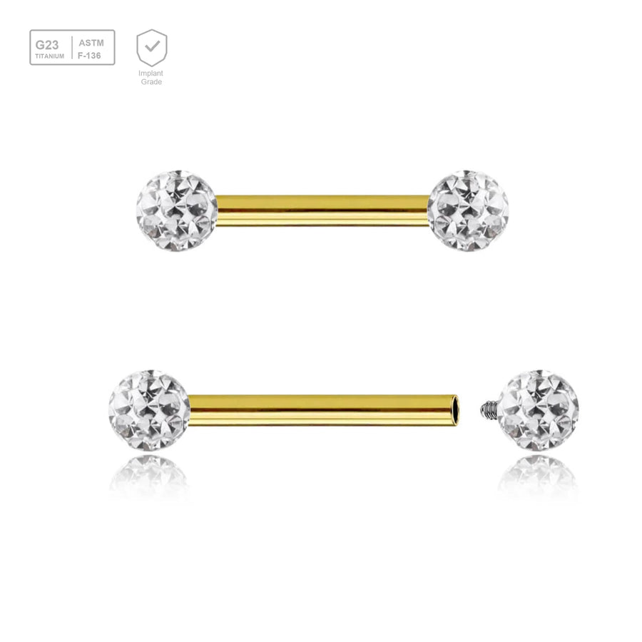 Pack of 5 Gold PVD plated titanium internally threaded tragus barbells, Thickness 1.2mm, with two 3mm multi-crystal balls with epoxy resin cover - G23 ASTM F-136 implant grade titanium body jewelry