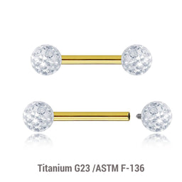 Pack of 5 Gold PVD plated titanium internally threaded tragus barbells, Thickness 1.2mm, with two 4mm multi-crystal balls with epoxy resin cover.