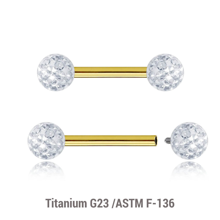 Pack of 5 Gold PVD plated titanium internally threaded tragus barbells, Thickness 1.2mm, with two 4mm multi-crystal balls with epoxy resin cover.
