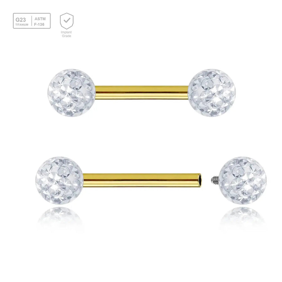 Pack of 5 Gold PVD plated titanium internally threaded tragus barbells, Thickness 1.2mm, with two 4mm multi-crystal balls with epoxy resin cover.