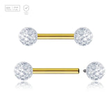 Pack of 5 Gold PVD plated titanium internally threaded tragus barbells, Thickness 1.2mm, with two 4mm multi-crystal balls with epoxy resin cover. - G23 ASTM F-136 implant grade titanium body jewelry