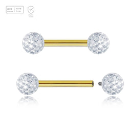 Pack of 5 Gold PVD plated titanium internally threaded tragus barbells, Thickness 1.2mm, with two 4mm multi-crystal balls with epoxy resin cover. - G23 ASTM F-136 implant grade titanium body jewelry