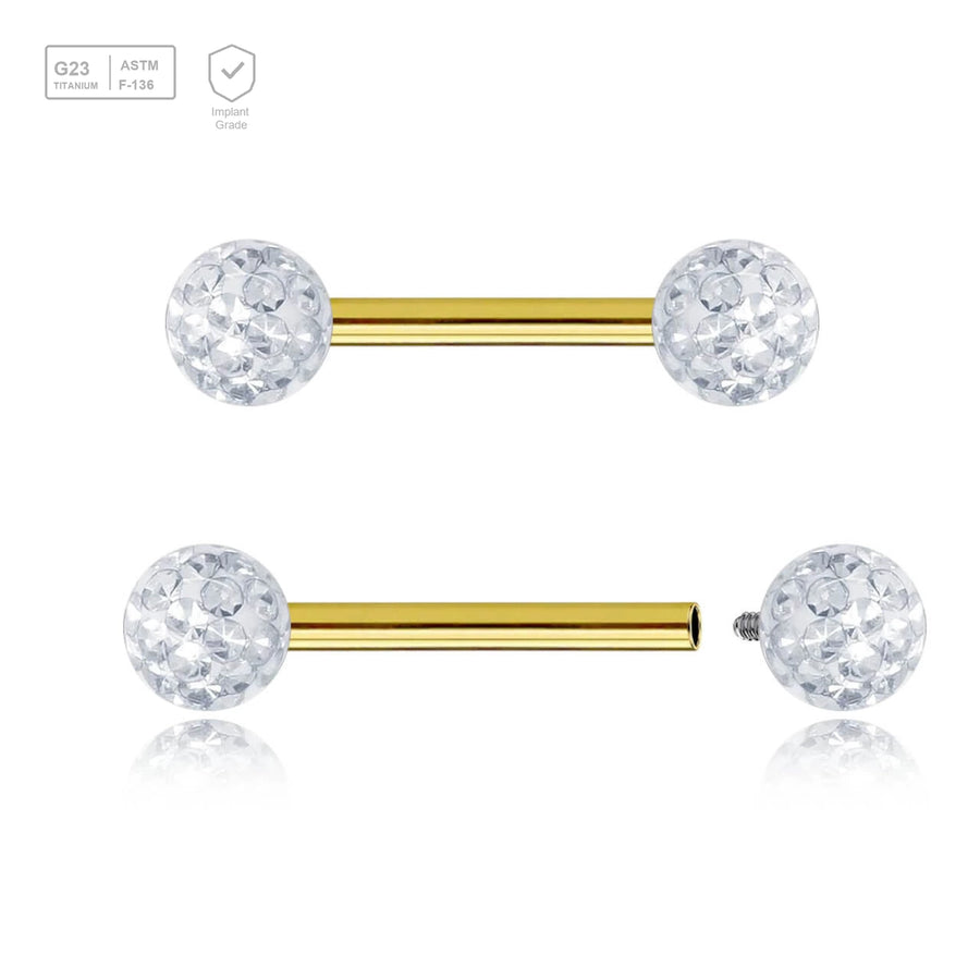 Pack of 5 Gold PVD plated titanium internally threaded tragus barbells, Thickness 1.2mm, with two 4mm multi-crystal balls with epoxy resin cover. - G23 ASTM F-136 implant grade titanium body jewelry
