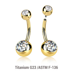 Wholesale Pack of 5 Gold PVD plated Titanium G23 internally threaded belly bananas, Thickness 1.6mm, with 5 mm + 8 mm bezel set crystal balls