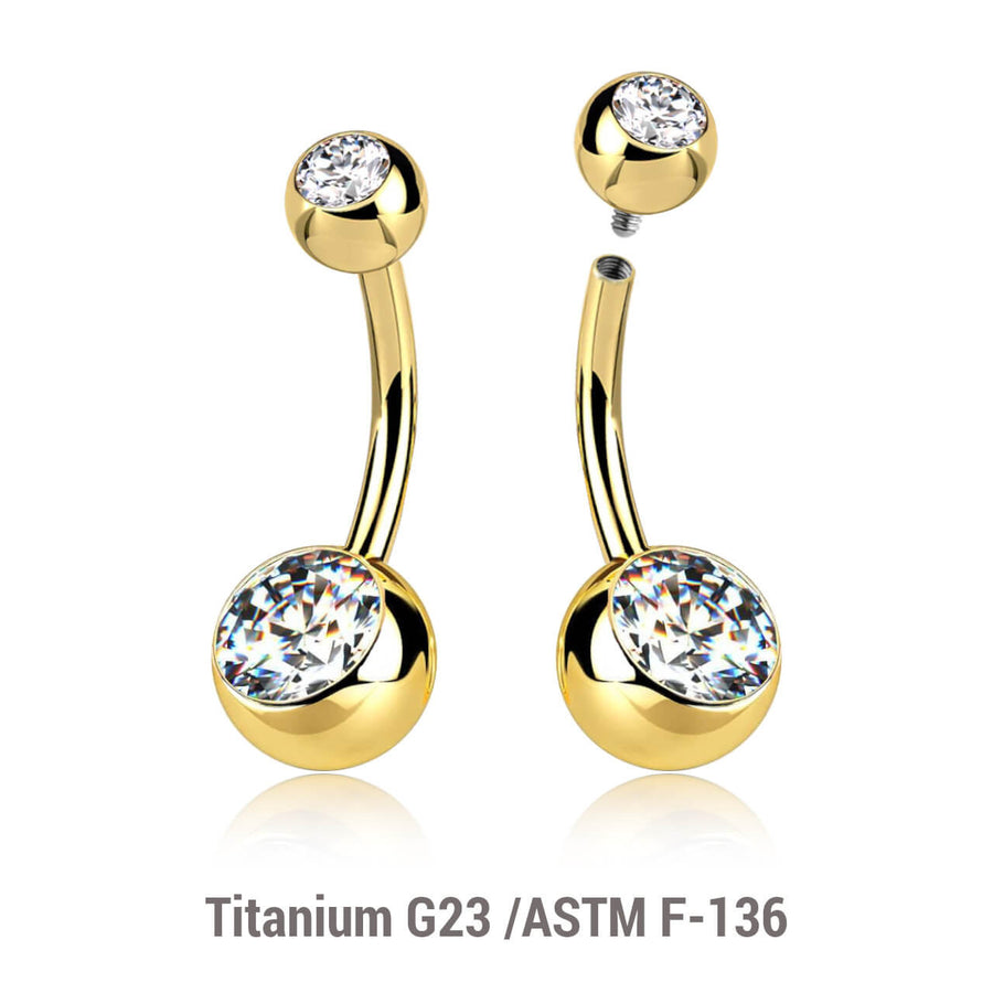 Wholesale Pack of 5 Gold PVD plated Titanium G23 internally threaded belly bananas, Thickness 1.6mm, with 5 mm + 8 mm bezel set crystal balls