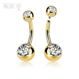 Wholesale Pack of 5 Gold PVD plated Titanium G23 internally threaded belly bananas, Thickness 1.6mm, with 5 mm + 8 mm bezel set crystal balls - G23 ASTM F-136 implant grade titanium body jewelry