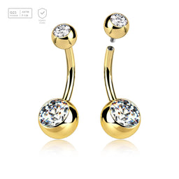 Wholesale Pack of 5 Gold PVD plated Titanium G23 internally threaded belly bananas, Thickness 1.6mm, with 5 mm + 8 mm bezel set crystal balls - G23 ASTM F-136 implant grade titanium body jewelry