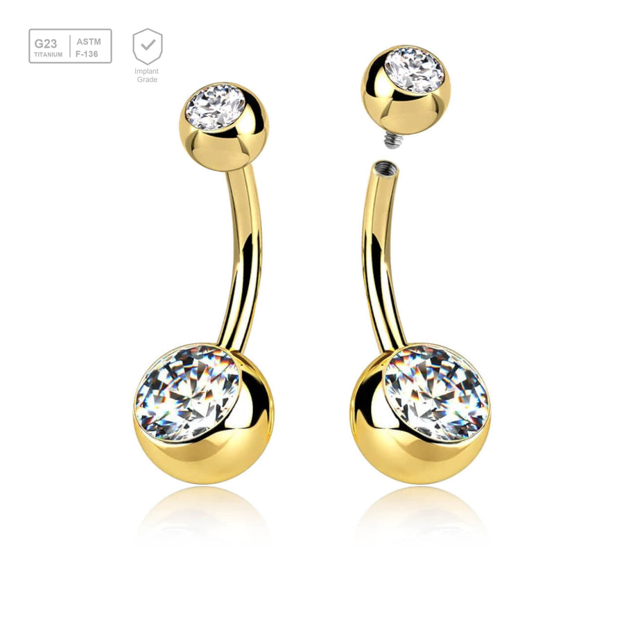 Wholesale Pack of 5 Gold PVD plated Titanium G23 internally threaded belly bananas, Thickness 1.6mm, with 5 mm + 8 mm bezel set crystal balls - G23 ASTM F-136 implant grade titanium body jewelry