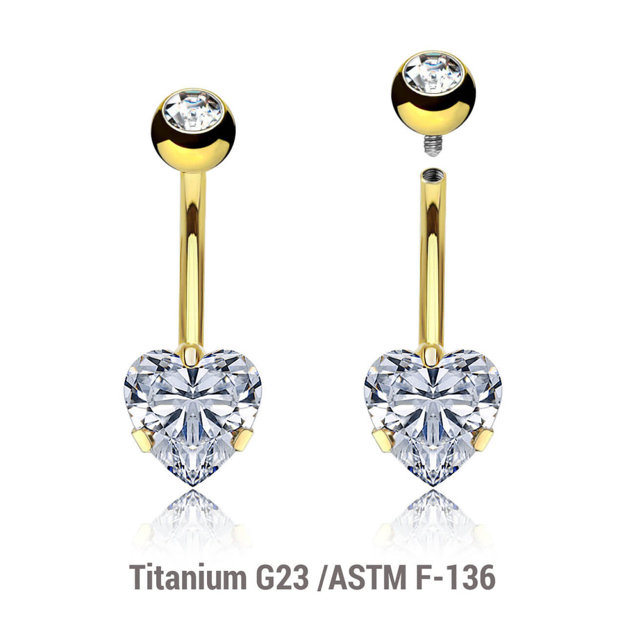 Wholesale pack of 3 Gold PVD titanium internally threaded belly bananas, Thickness 1.6mm, with a lower 8 mm prong set heart CZ stone and a upper 5 mm titanium bezel set jewel ball