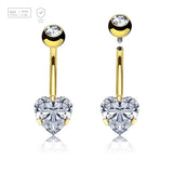 Wholesale pack of 3 Gold PVD titanium internally threaded belly bananas, Thickness 1.6mm, with a lower 8 mm prong set heart CZ stone and a upper 5 mm titanium bezel set jewel ball - G23 ASTM F-136 implant grade titanium body jewelry